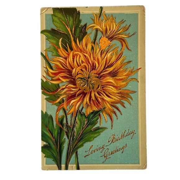 Antique 1913 Ephemera Postcard Birthday Wishes Embossed Metallic Marigolds SEE - Picture 2 of 8